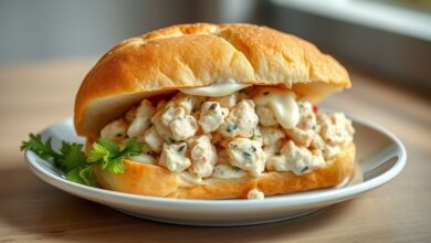 Sanduíche natural com maionese pronto, recheado com frango desfiado, cenoura e alface, servido em prato branco