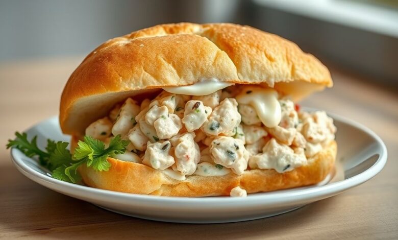 Sanduíche natural com maionese pronto, recheado com frango desfiado, cenoura e alface, servido em prato branco