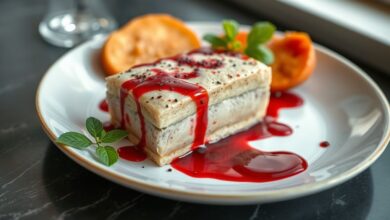 Sangue falso comestível pronto, brilhante, com aparência real e espalhado em um prato branco