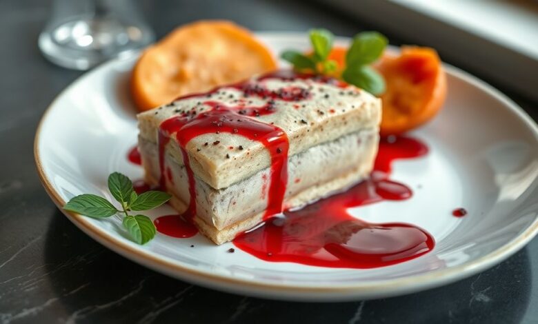 Sangue falso comestível pronto, brilhante, com aparência real e espalhado em um prato branco