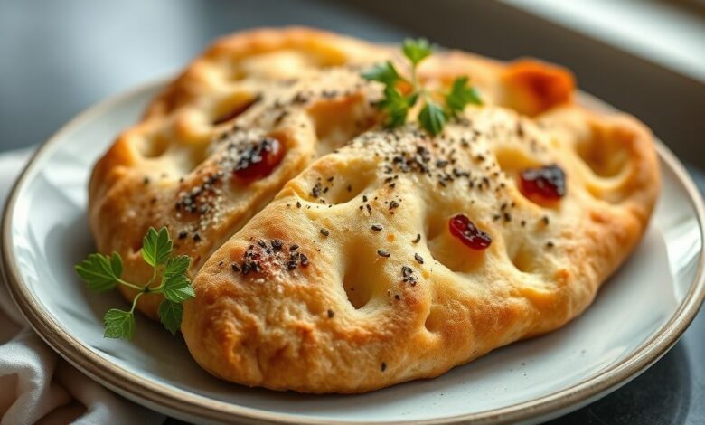 Pão italiano dourado e crocante, com azeite e ervas, servido em tábua rústica