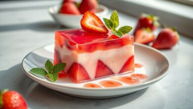 Taça com camadas de gelatina de morango e creme branco, decorada com morangos frescos e aspecto refrescante