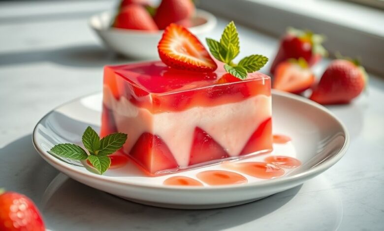 Taça com camadas de gelatina de morango e creme branco, decorada com morangos frescos e aspecto refrescante