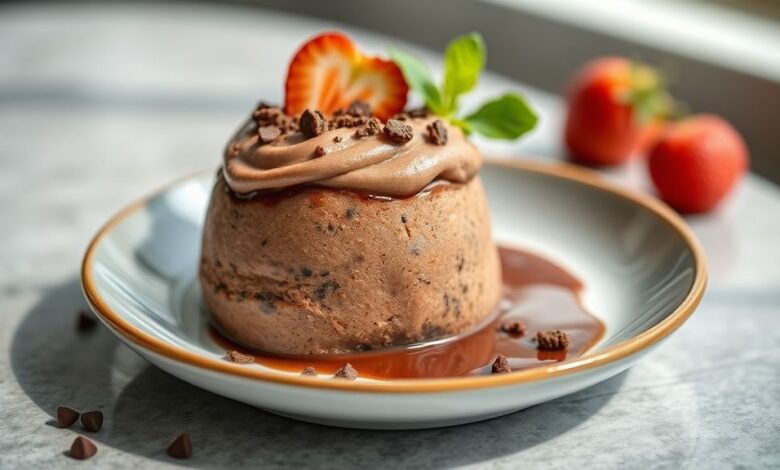 Taça de sobremesa cremosa de chocolate com textura aveludada, decorada com raspas de chocolate e morangos frescos