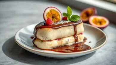 Uma travessa elegante com camadas de creme de maracujá e cobertura de ganache, decorada com raspas de chocolate e folhas de hortelã.