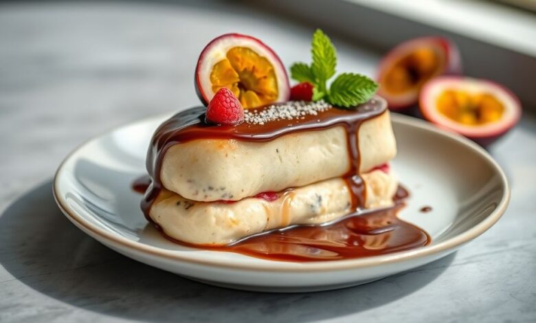 Uma travessa elegante com camadas de creme de maracujá e cobertura de ganache, decorada com raspas de chocolate e folhas de hortelã.