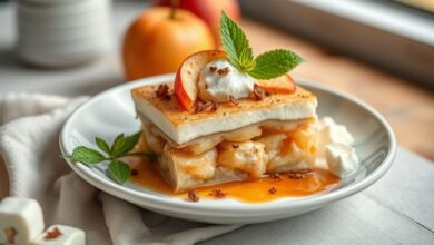 Sobremesa de maçã caramelizada com canela servida quente em taças, com aparência dourada e apetitosa