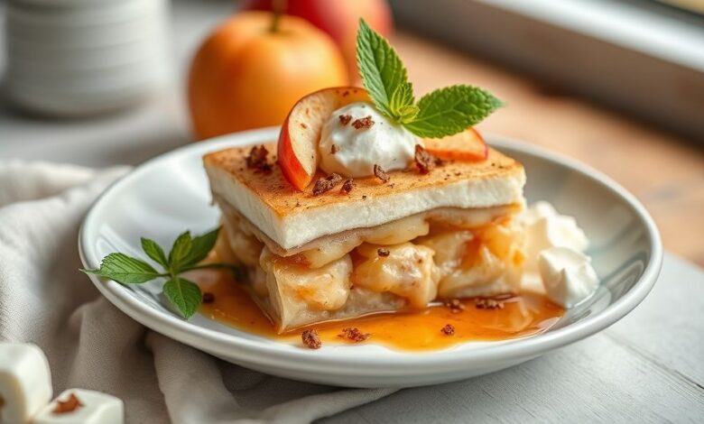 Sobremesa de maçã caramelizada com canela servida quente em taças, com aparência dourada e apetitosa