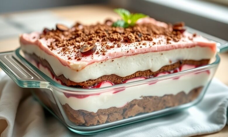 Uma travessa de vidro com três camadas de creme — morango, chocolate e baunilha — finalizada com raspas de chocolate e morangos frescos.