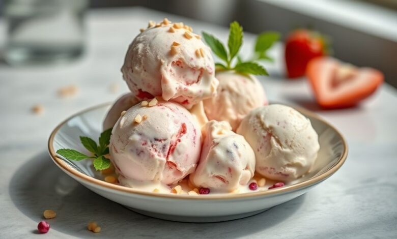 Tigela com sorvete caseiro barato cremoso, colorido e decorado com calda e frutas frescas