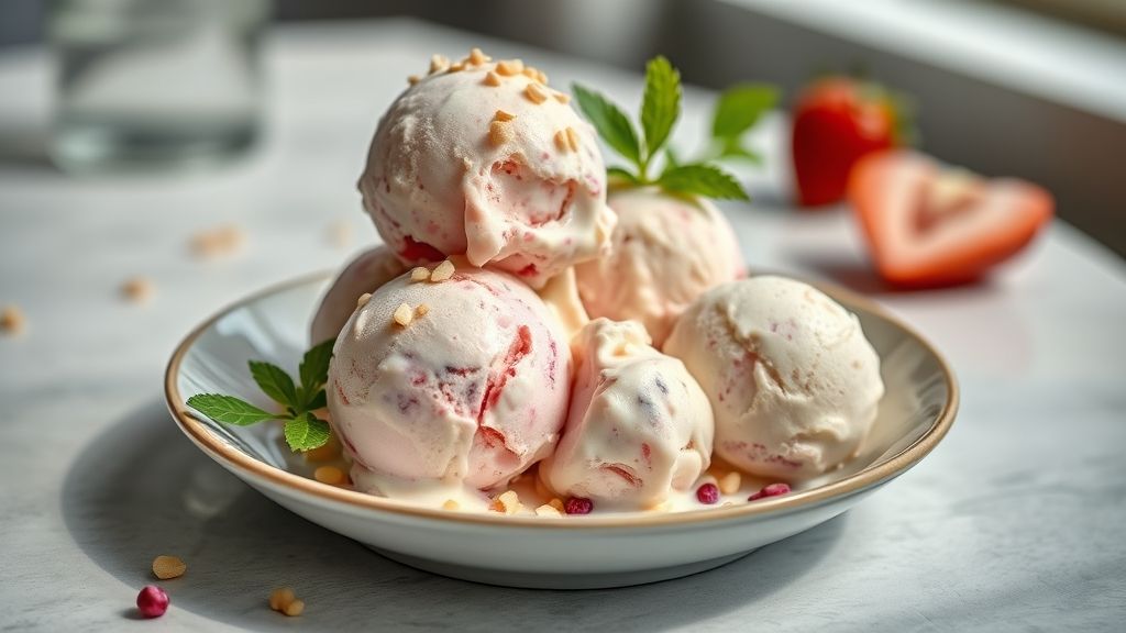 Tigela de sorvete caseiro barato cremoso e colorido, decorado com calda e frutas frescas