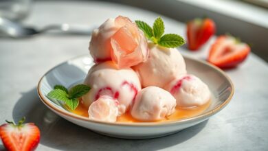 Sorvete caseiro com gelatina cremoso servido em taças, colorido e decorado com frutas