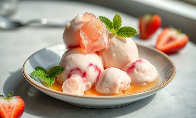 Sorvete caseiro com gelatina cremoso servido em taças, colorido e decorado com frutas