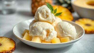 Taça de sorvete de abacaxi caseiro cremoso, decorada com coco e hortelã, servida sobre fundo claro e tropical.