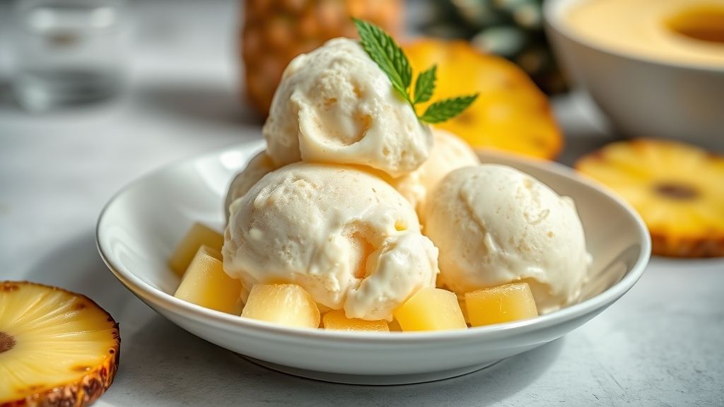 Taça de sorvete de abacaxi caseiro cremoso, decorada com coco ralado e folhas de hortelã, sobremesa refrescante e tropical.