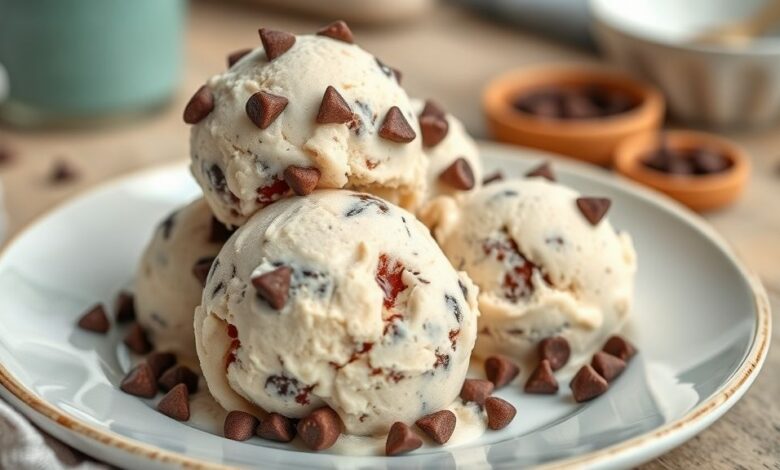 Taça de sorvete de flocos caseiro cremoso, com pedaços de chocolate, servida de forma irresistível e bem gelada.