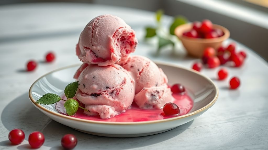 Taça de sorvete de groselha econômico cremoso, decorado com hortelã e raspas de chocolate branco