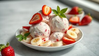 Sorvete saudável cremoso servido em taça, decorado com frutas frescas, granola e folhas de hortelã.