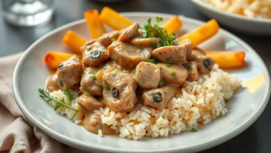 Strogonoff de carne de porco cremoso servido em prato branco com arroz e batata-palha, bem apetitoso.