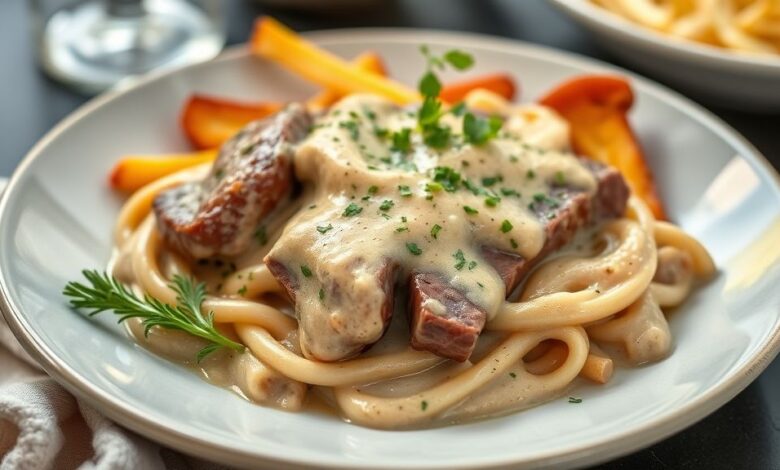 Strogonoff de filé mignon cremoso servido com arroz branco e batata palha, em prato elegante com molho sedoso e cor dourada