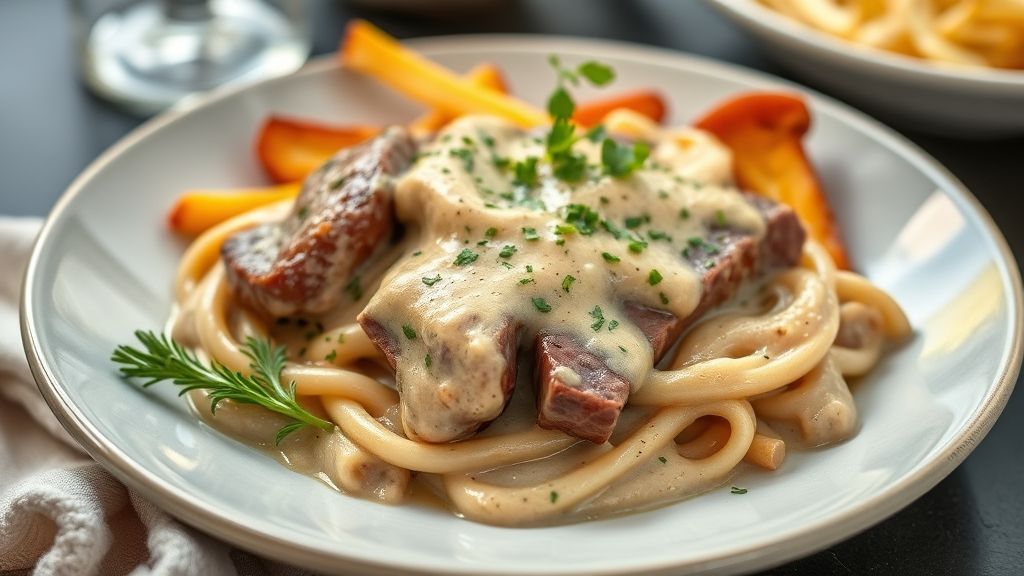 Strogonoff de filé mignon cremoso servido com arroz branco e batata palha, em prato elegante com molho sedoso e cor dourada