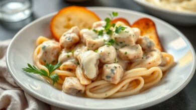 Prato de strogonoff de frango com maionese cremoso servindo com arroz e batata palha, aspecto dourado e apetitoso