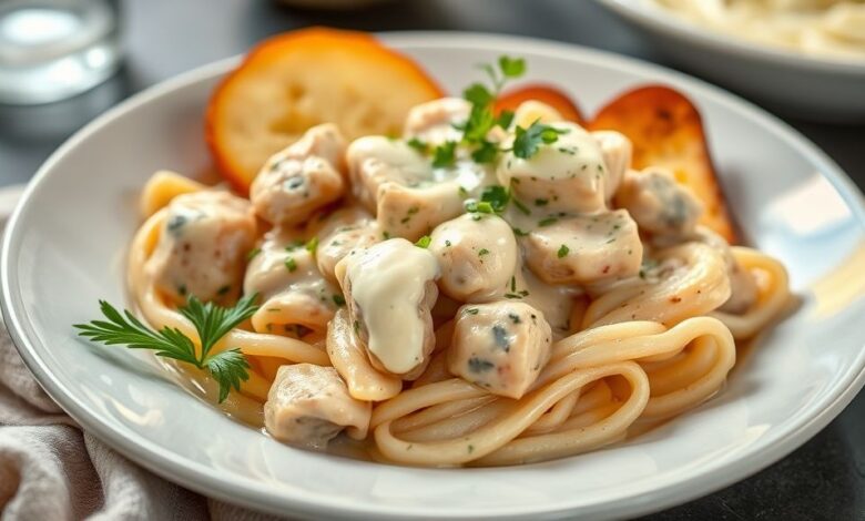 Prato de strogonoff de frango com maionese cremoso servindo com arroz e batata palha, aspecto dourado e apetitoso