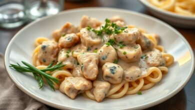 Strogonoff de frango cremoso servido com arroz branco e batata palha dourada, pronto para festas e eventos.