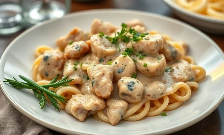 Strogonoff de frango cremoso servido com arroz branco e batata palha dourada, pronto para festas e eventos.