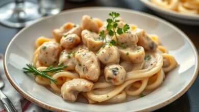 Prato de strogonoff de frango cremoso com arroz branco e batata palha, servido em travessa grande, ideal para eventos.