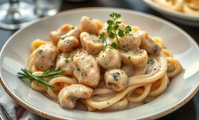 Prato de strogonoff de frango cremoso com arroz branco e batata palha, servido em travessa grande, ideal para eventos.