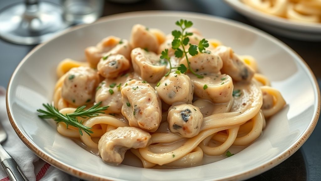 Prato de strogonoff de frango cremoso com arroz branco e batata palha, servido em travessa grande, ideal para eventos.