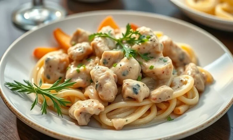 Prato de strogonoff cremoso servido com arroz branco e batata palha, ideal para grandes eventos