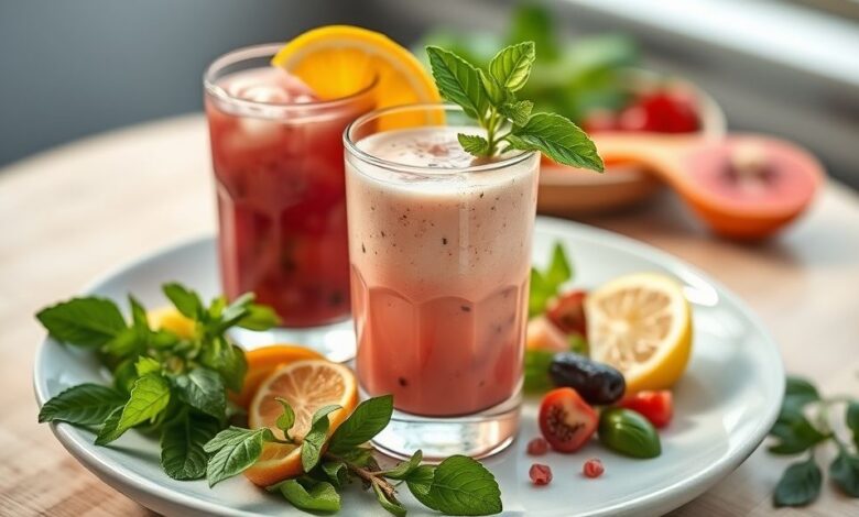 Copo de suco detox verde servido com folhas de hortelã e gelo, com aparência refrescante e natural