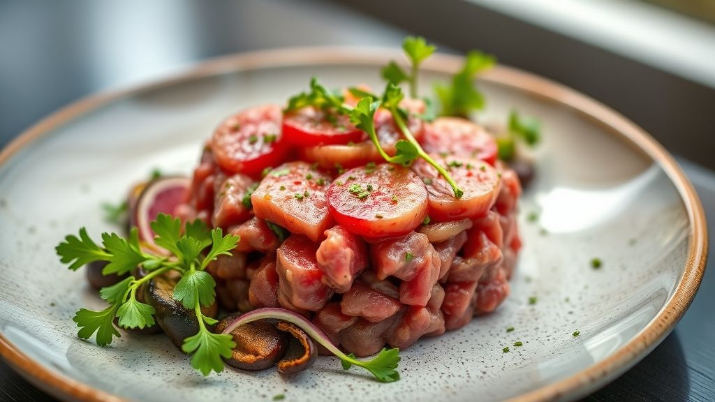 Prato de tartar de carne tradicional montado com elegância, gema crua no topo e torradas ao lado.