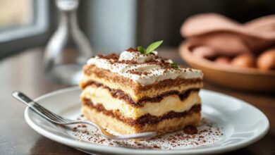 Sobremesa italiana clássica em camadas, com creme mascarpone e cacau polvilhado, servida em travessa elegante.