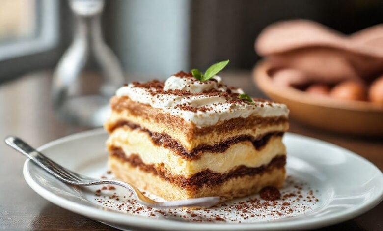 Sobremesa italiana clássica em camadas, com creme mascarpone e cacau polvilhado, servida em travessa elegante.