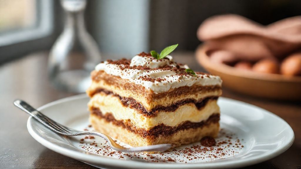 Tiramisù italiano tradicional servido em travessa de vidro, com camadas de creme e cacau polvilhado