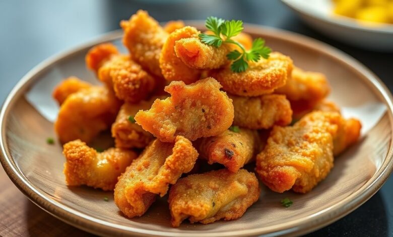 Torresmo dourado e crocante servido em porção de boteco com limão e pimenta ao lado