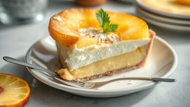 Torta cremosa de abacaxi com coco ralado, fria e decorada com cerejas, em apresentação tropical e elegante.