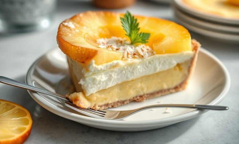 Torta cremosa de abacaxi com coco ralado, fria e decorada com cerejas, em apresentação tropical e elegante.