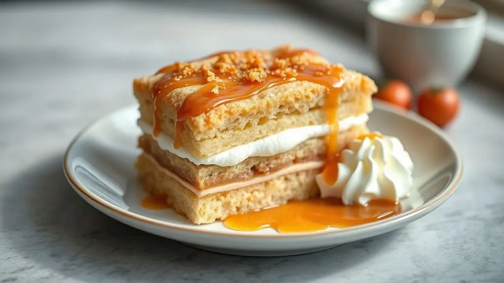 Sobremesa gelada em camadas de bolacha, nata cremosa e doce de leite, servida em refratário com decoração sofisticada