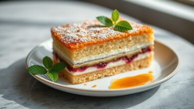 Torta de bolacha finalizada em camadas, cremosa, decorada com raspas de chocolate e frutas frescas, servida fria e irresistível.
