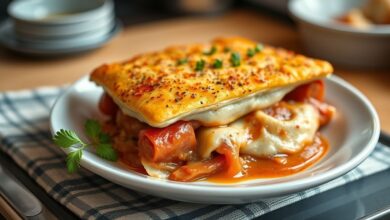 Torta dourada e cremosa servida em fatia, mostrando o recheio de salsichas e queijo derretido, perfeita para lanche ou festa