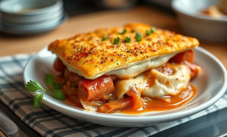 Torta dourada e cremosa servida em fatia, mostrando o recheio de salsichas e queijo derretido, perfeita para lanche ou festa