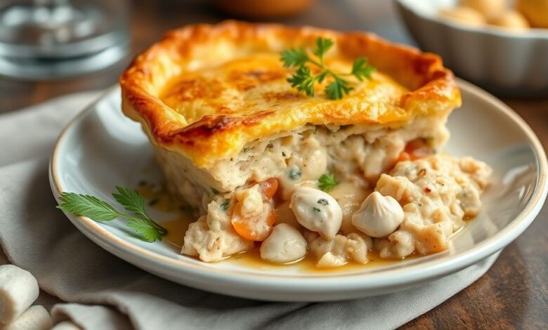 Torta de frango caseira dourada e apetitosa, servida em mesa rústica com fatia cortada mostrando o recheio cremoso