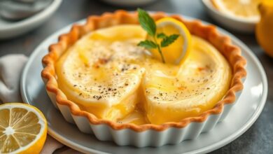 Torta dourada e cremosa com merengue suave, servida fria com raspas de limão, visual fresco e apetitoso.