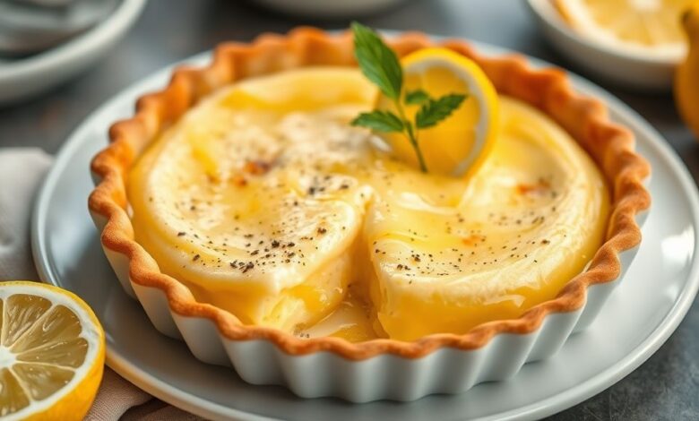 Torta dourada e cremosa com merengue suave, servida fria com raspas de limão, visual fresco e apetitoso.