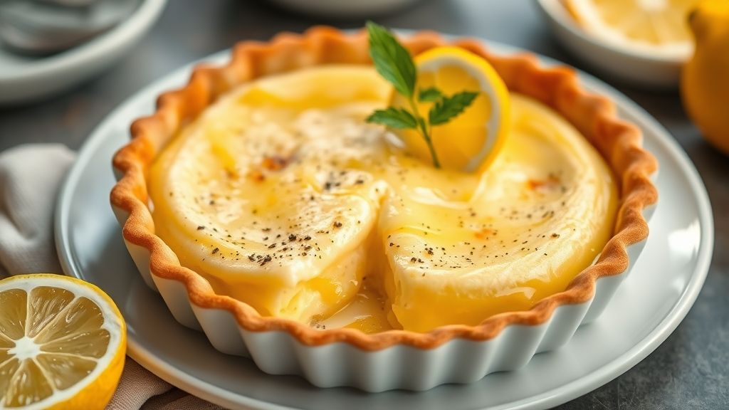 Torta de limão fácil na airfryer dourada e cremosa, servida sobre prato branco com raspas de limão frescas