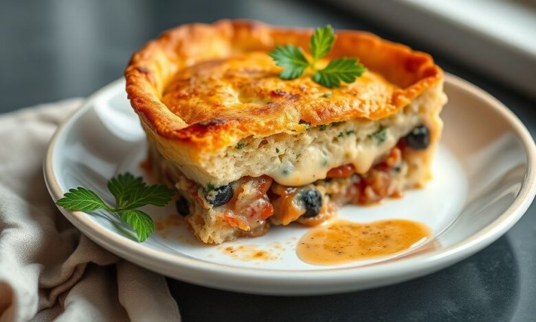 Torta de liquidificador dourada, fatiada e servida em prato branco sobre uma mesa de madeira